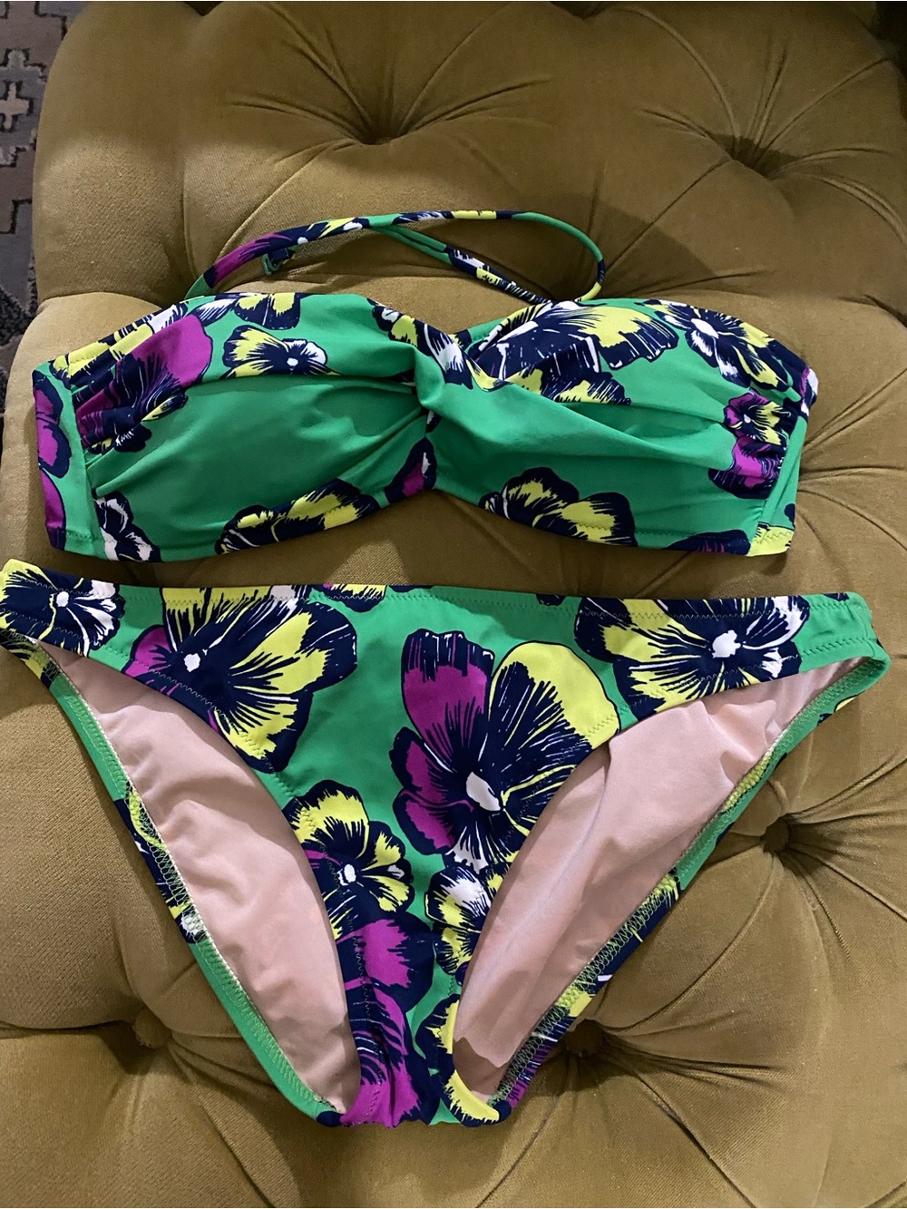 J Crew Retro Green Floral Bandeau Bikini Set (M)